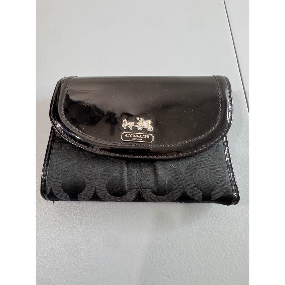Coach Trifold Wallet Womens Black Signature Canvas Patent Leather Logo Plate